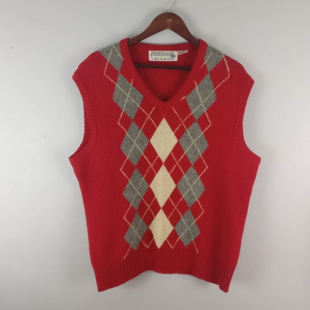 Argyle Vest, Vintage Oversized 100%Shetland Wool knit Sweater Vest XL Pit2pit=26